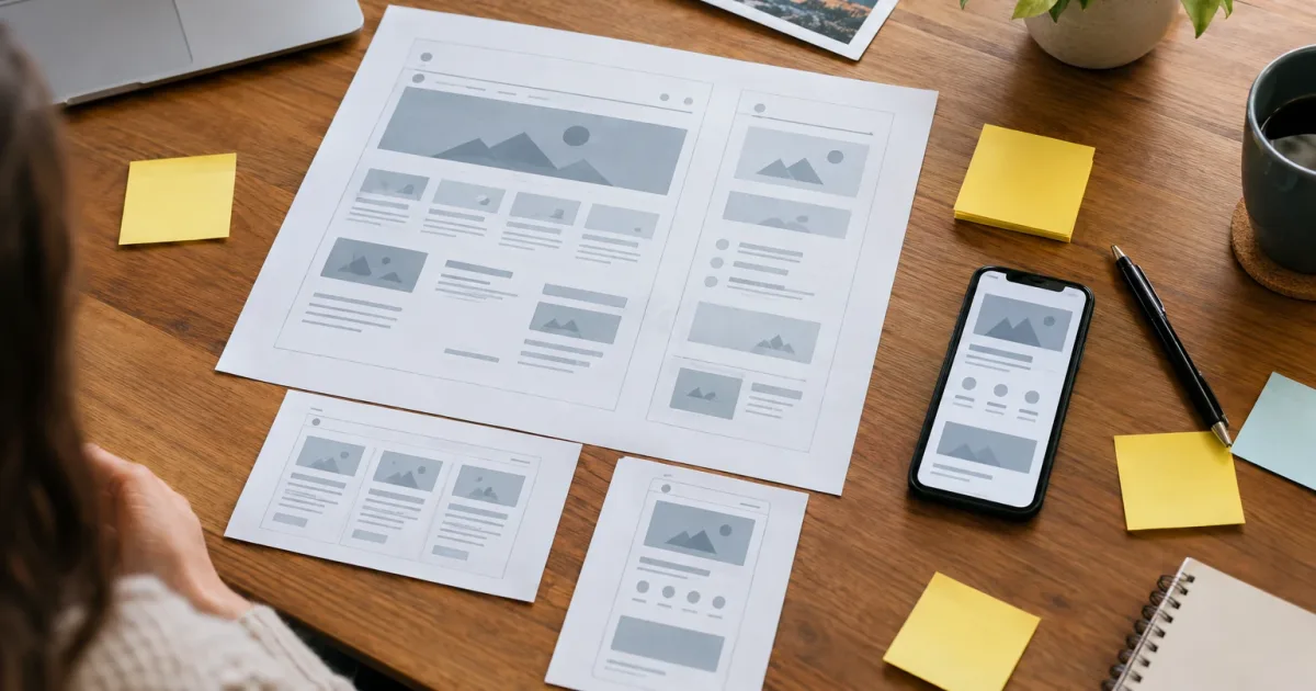 Maquettes de pages web imprimées avec stylo et smartphone affichant la version mobile